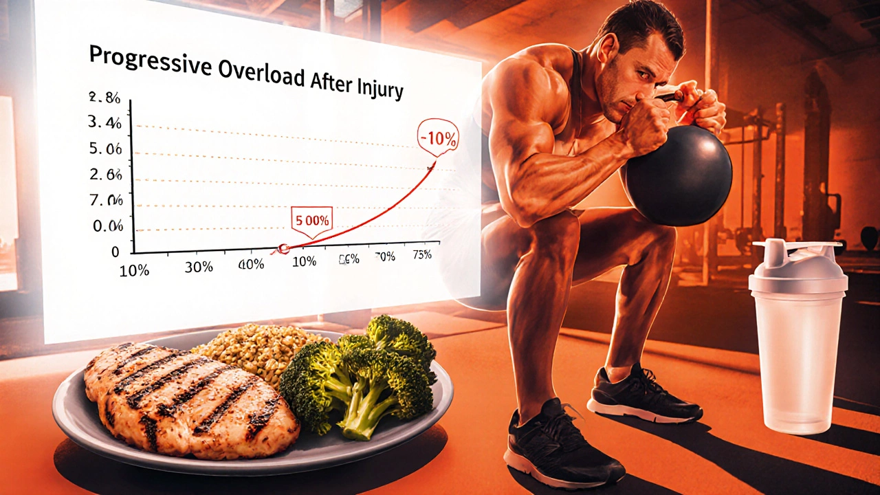 Athlete performs squat with kettlebell beside a plate of protein-rich foods in a gym.