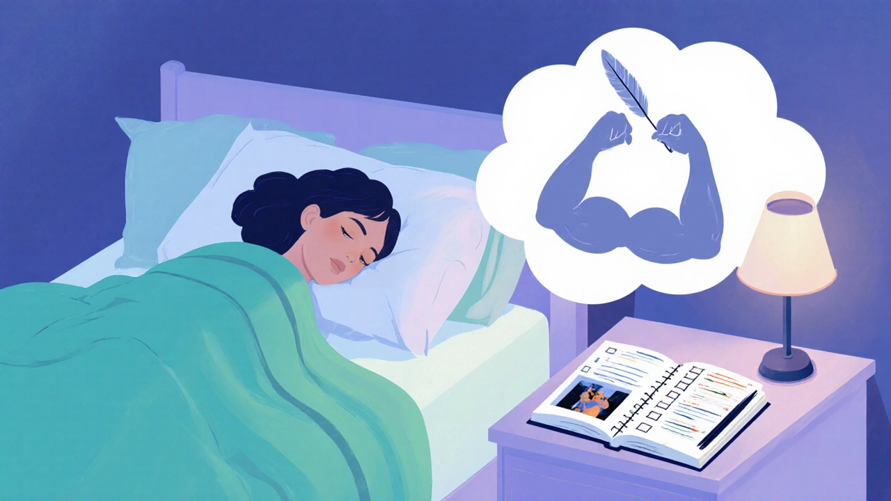 Calm bedroom scene showing sleeping person, journal with checkmarks, and subtle muscle growth symbolism.