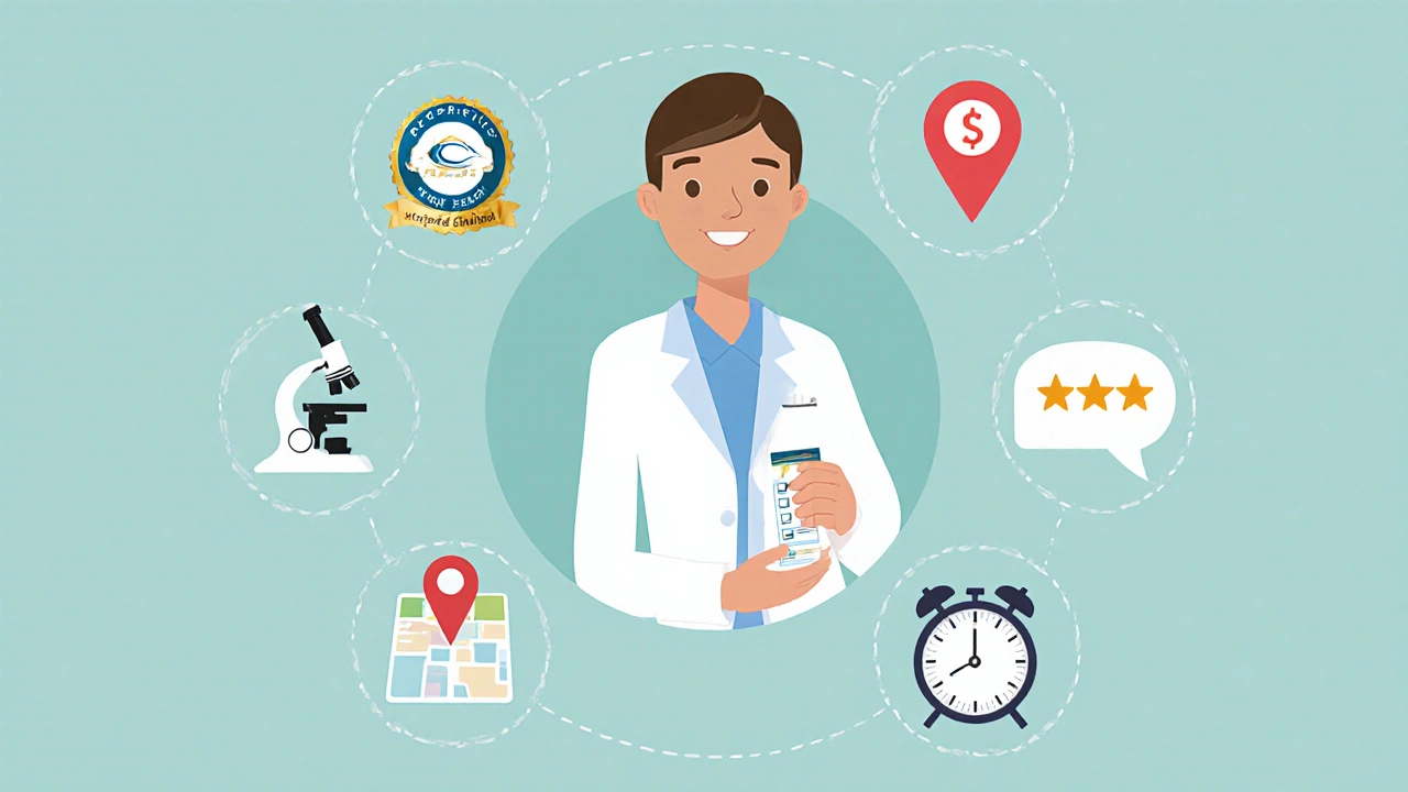 Иконки, представляющие критерии выбора лаборатории, окружают довольного пациента.