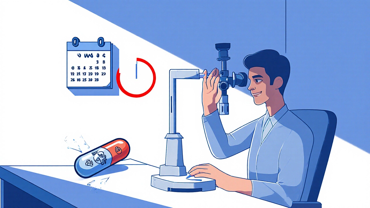 Офтальмолог осматривает пациента, рядом – разбитая бутылка с «чудо‑препаратом», календарь визитов.