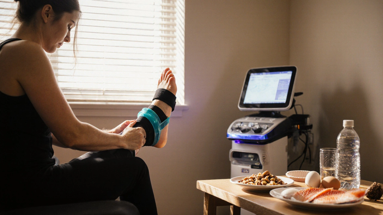 Пациент в реабилитационном центре выполняет мягкие движения с компрессионным бинтом, рядом — здоровая пища и холодный компресс.