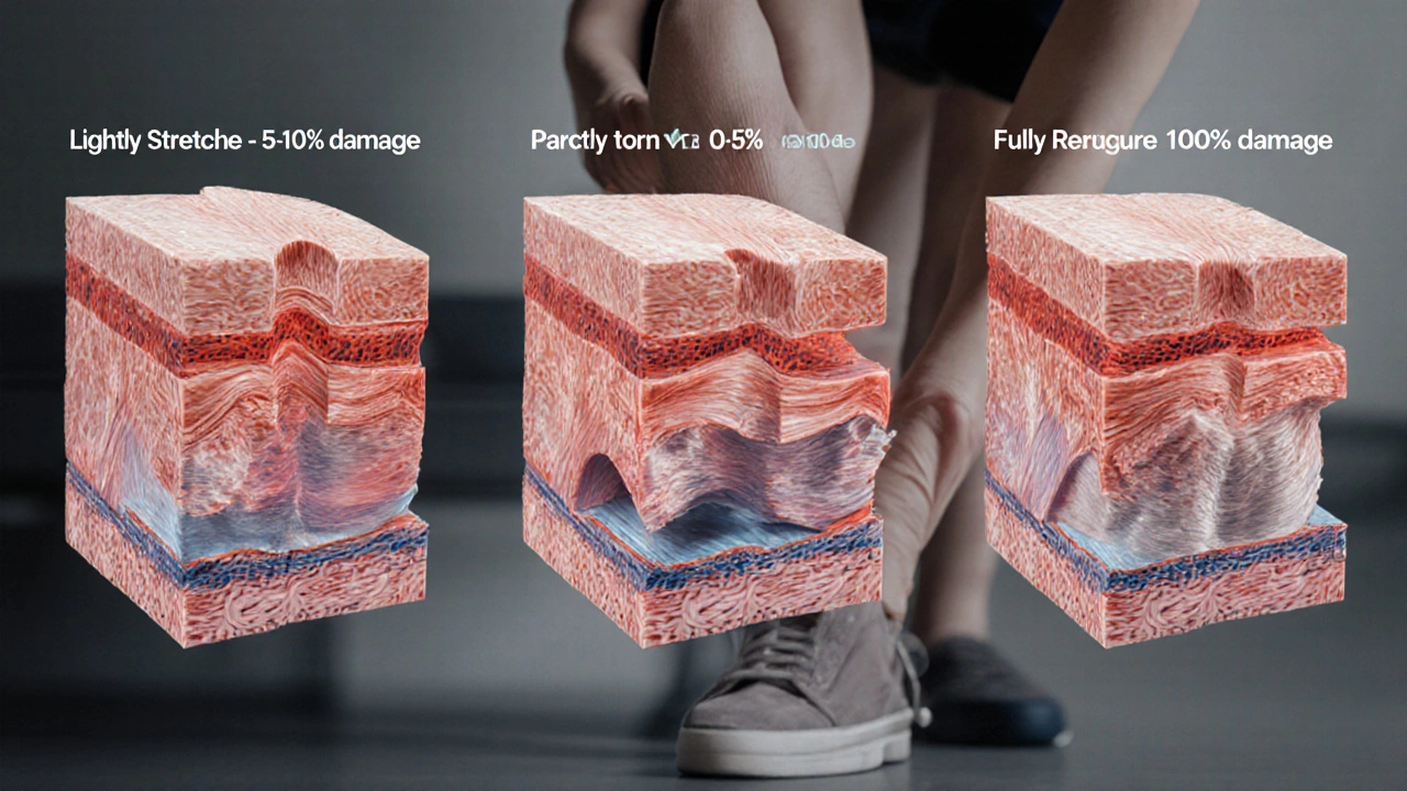 Схематичное изображение трех степеней повреждения мышечных волокон с цветовой кодировкой воспаления и восстановления.