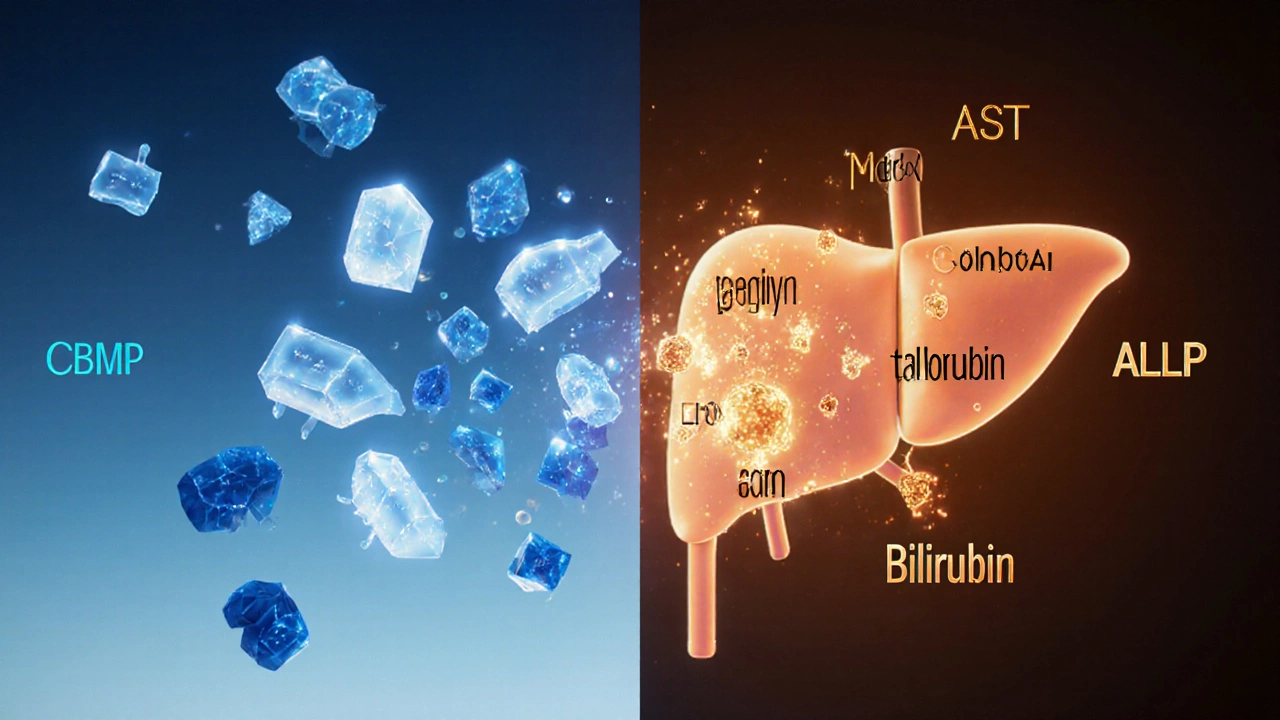 Сравнение BMP и CMP: восемь базовых показателей и шесть дополнительных, визуализированных как светящиеся элементы.