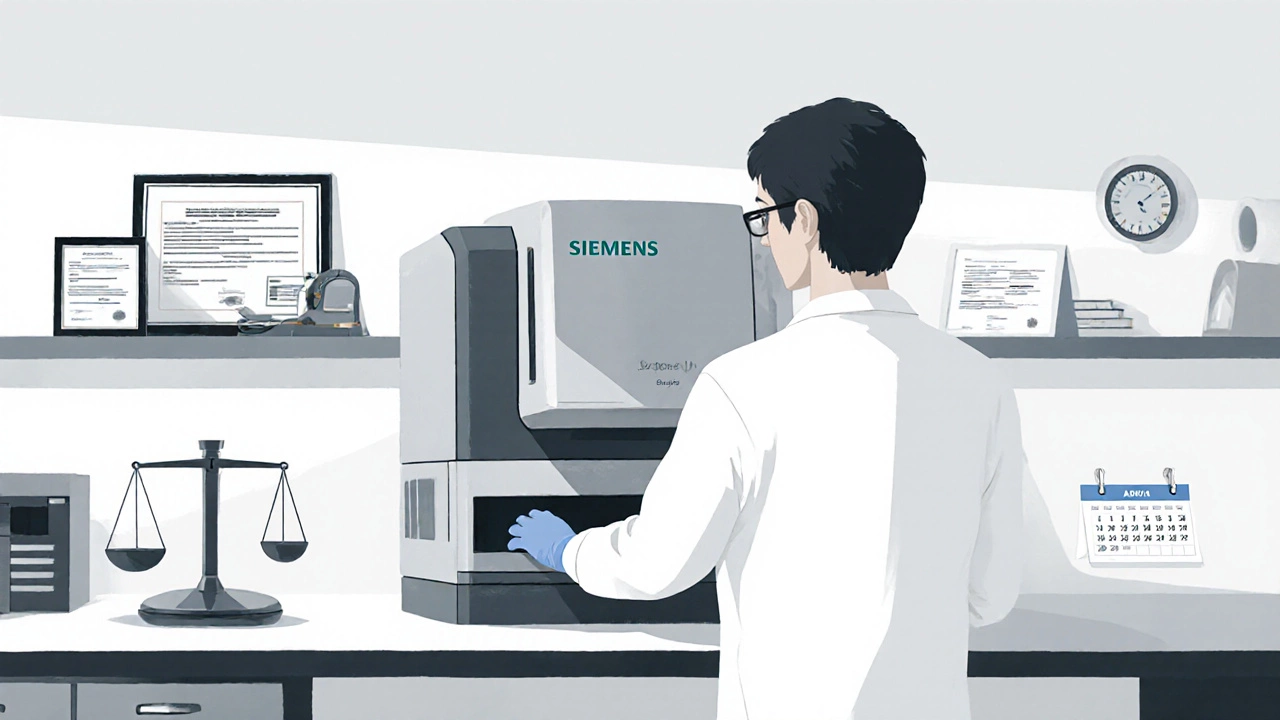 Техник в белом халате работает на современном анализаторе в чистой лаборатории.