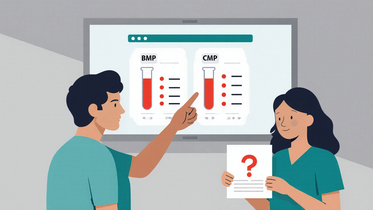 Врач объясняет пациенту разницу между BMP и CMP на экране лабораторного анализа.