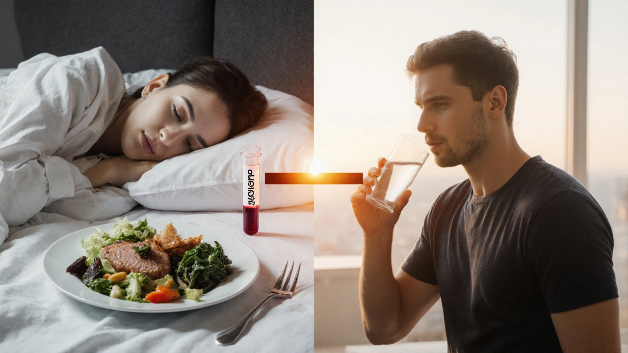 Два сценария: ужин без жира и утренняя сдача крови, соединенные светом, подчеркивающие важность голодания.