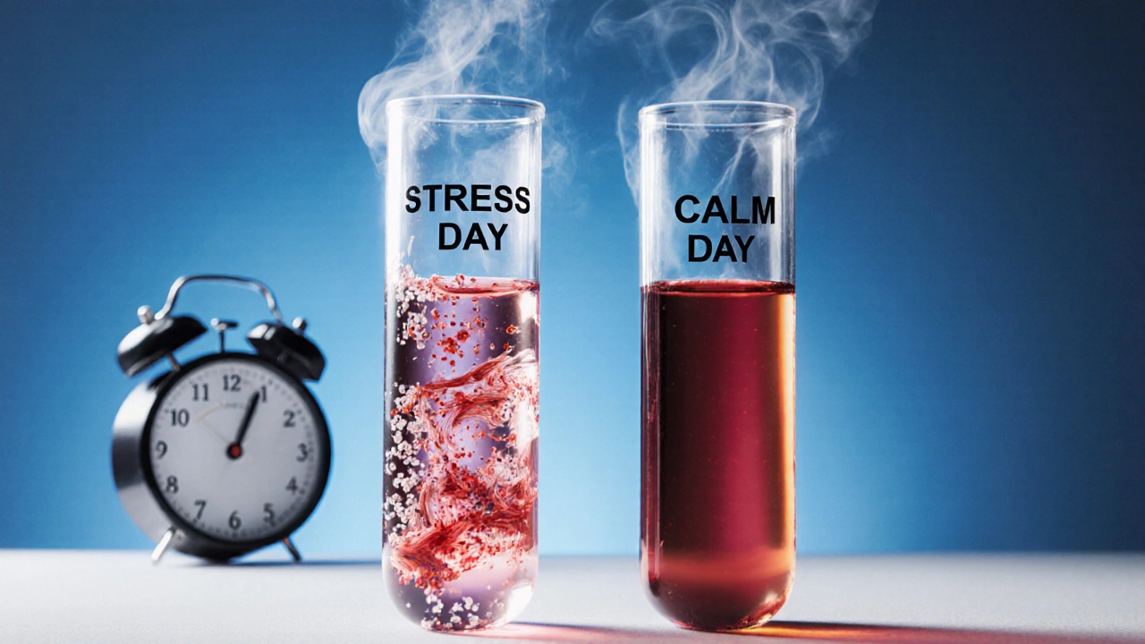 Две пробирки с кровью: одна — после стресса, другая — в спокойном состоянии.