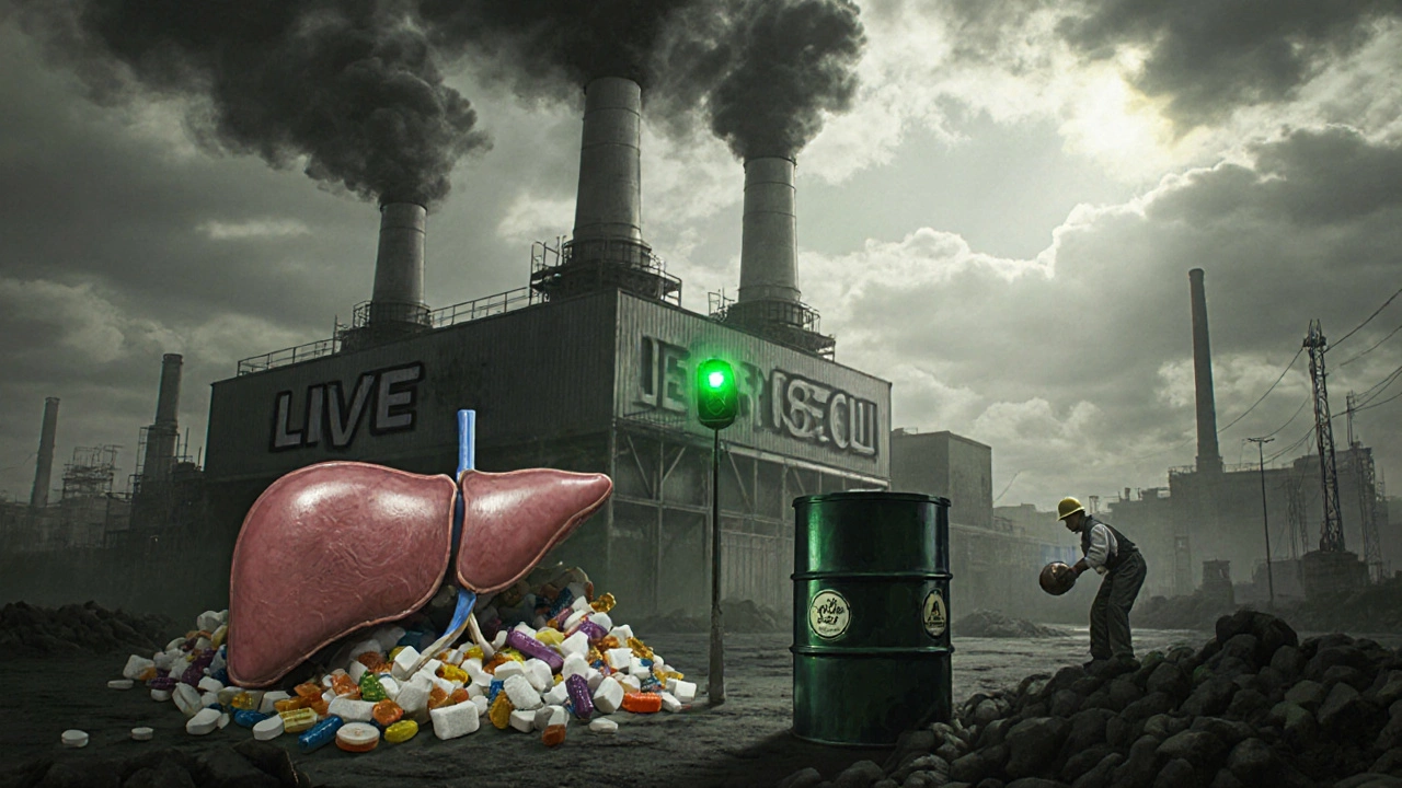 Фабрика печени с дымом от токсинов и работниками, падающими под нагрузкой