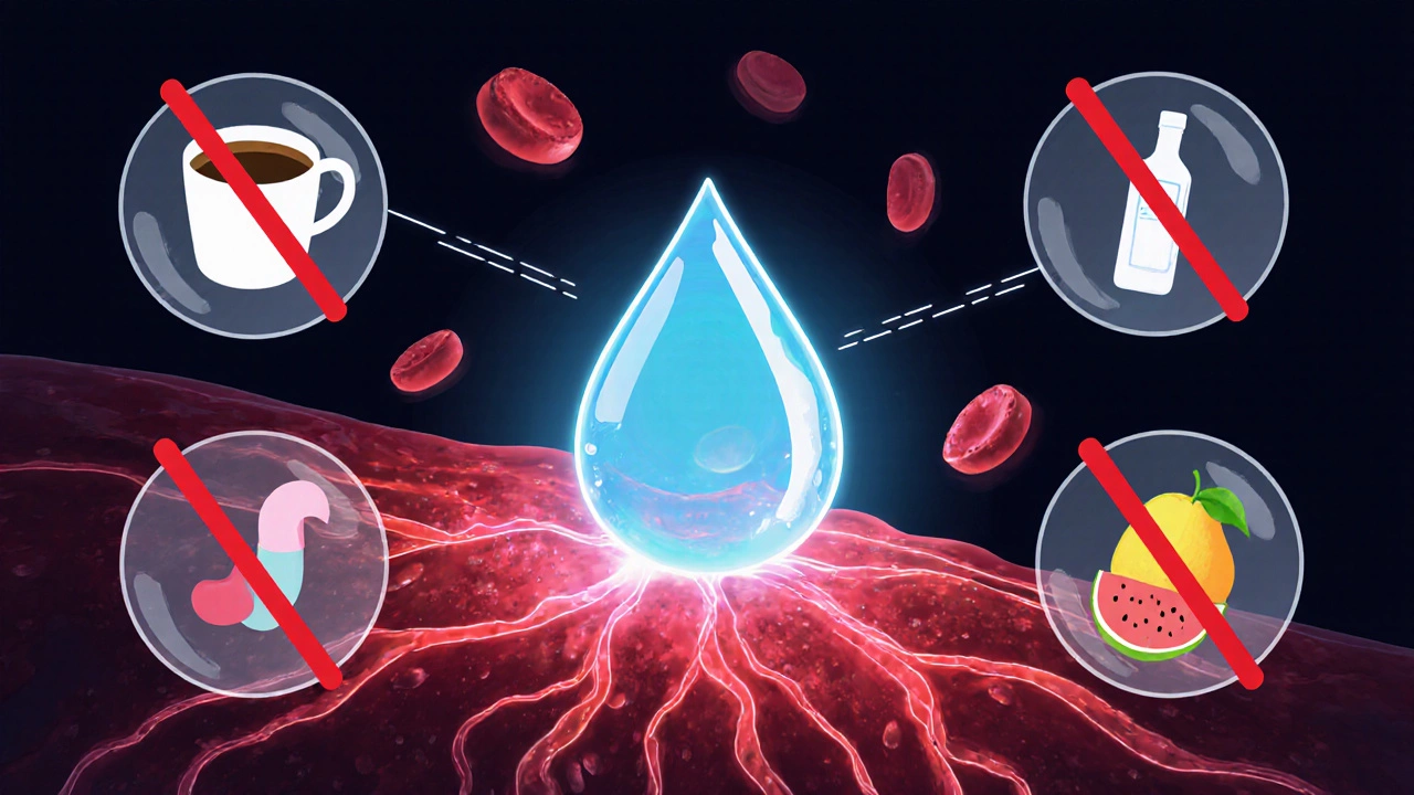 Кровяные клетки в вене, вокруг — запрещенные продукты и чистая капля воды, символизирующая правильную подготовку.