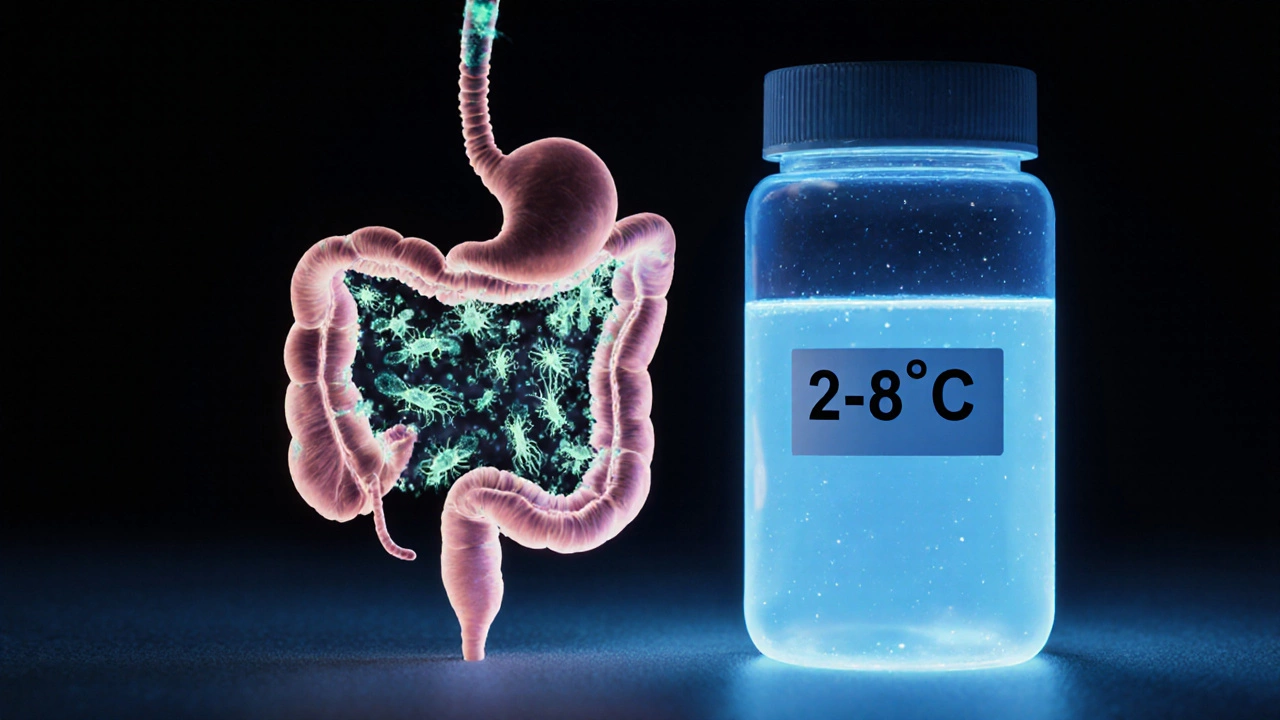 Микроскопические паразиты внутри кишечника, контейнер с холодом снаружи, символизирующий сохранность образца.