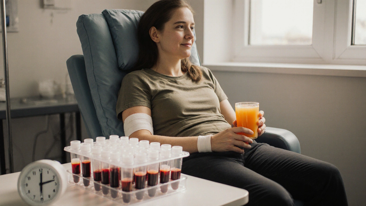 Пациент отдыхает после сдачи крови, пьет сок, рядом — 15 пробирок в прозрачном держателе.