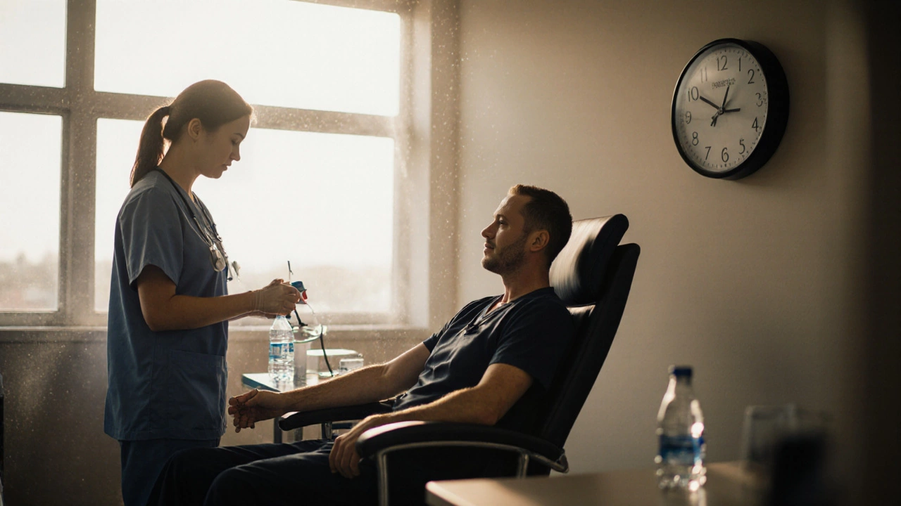 Пациент сдает кровь в лаборатории утром, медсестра готовит оборудование, в окно льется утренний свет.