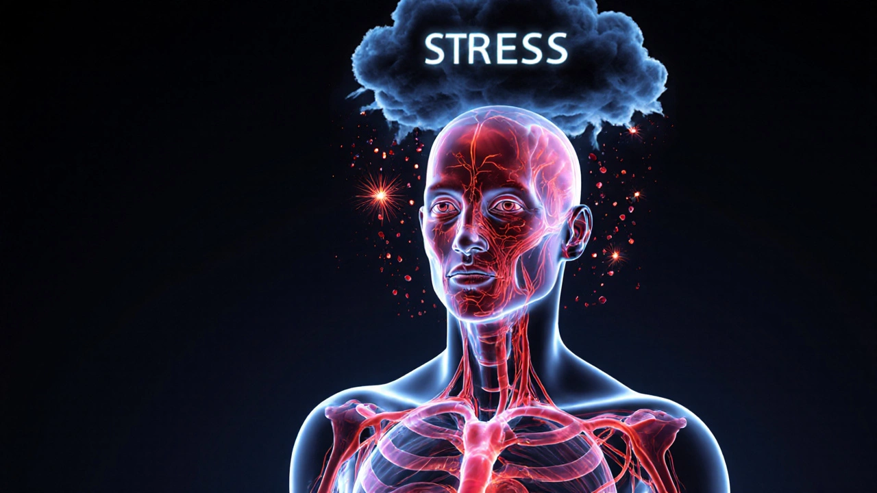 Прозрачное тело с кровеносными сосудами, где стресс меняет цвет и движение клеток крови.