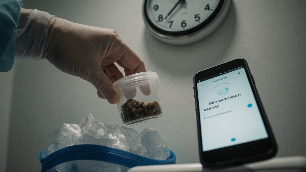 Рука кладет контейнер с калом в сумку с льдом, на фоне телефона с напоминанием.