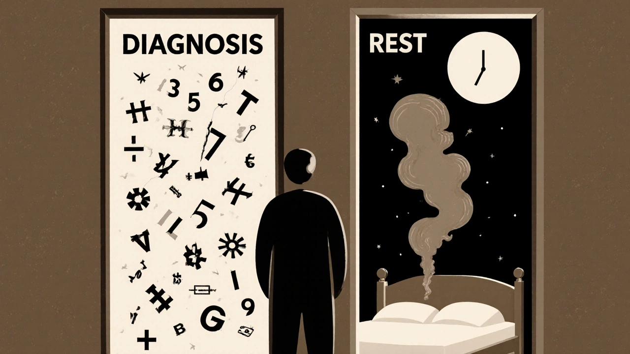 Силуэт человека между дверями &#039;Диагноз&#039; и &#039;Отдых&#039;, вокруг — плавающие цифры лабораторных показателей.