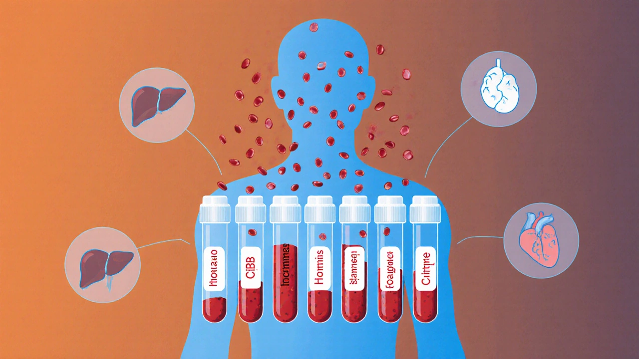 Силуэт человека с 1% крови, выходящей в виде 15 пробирок для анализов, вокруг — символы органов.