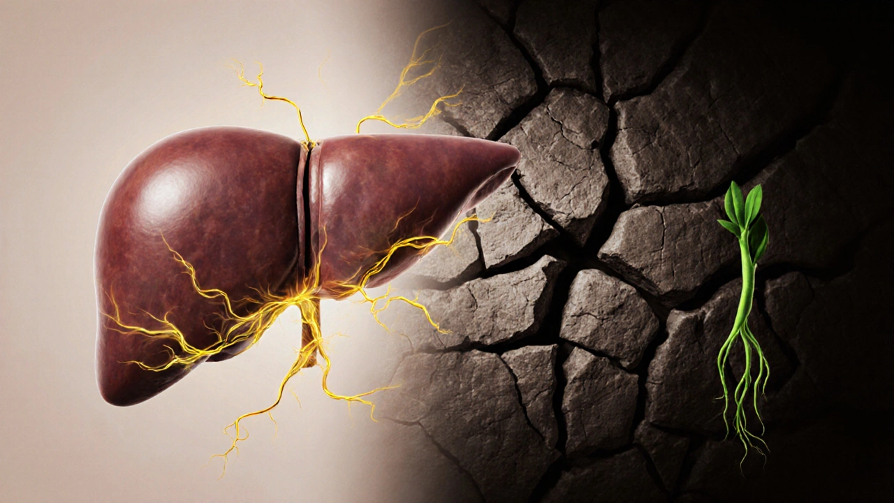 Символическое изображение превращения печени от здоровой к фиброзной