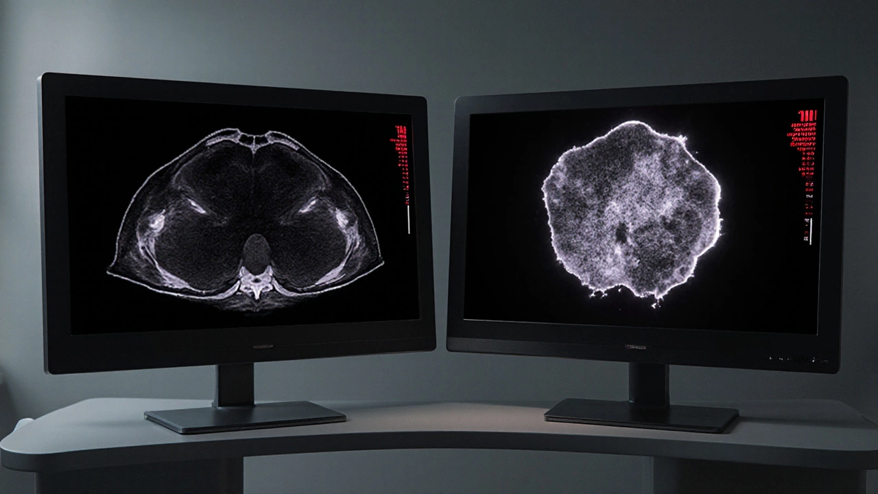 Сравнение МРТ: киста с однородным содержимым и опухоль с неровными краями и контрастным усилением.