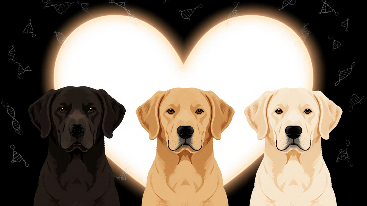 Три лабрадора разных окрасов стоят вместе под светом сердца, символизируя равную преданность.