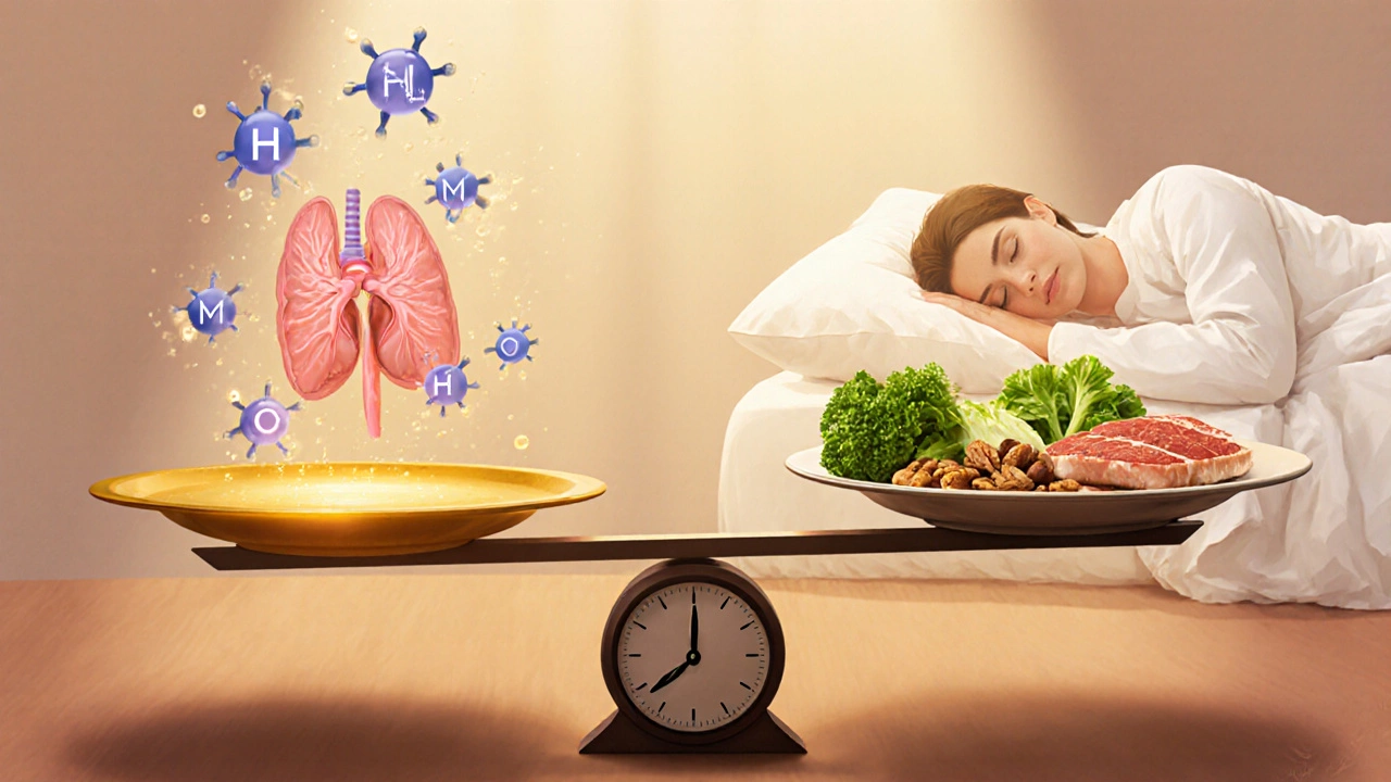 Весы с гормонами с одной стороны и здоровой едой — символ баланса обмена веществ.