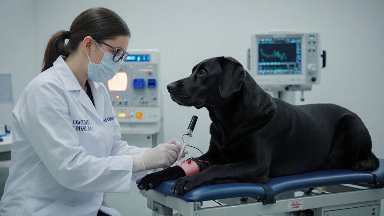 Ветеринар берёт кровь у чёрного лабрадора в современной лаборатории.