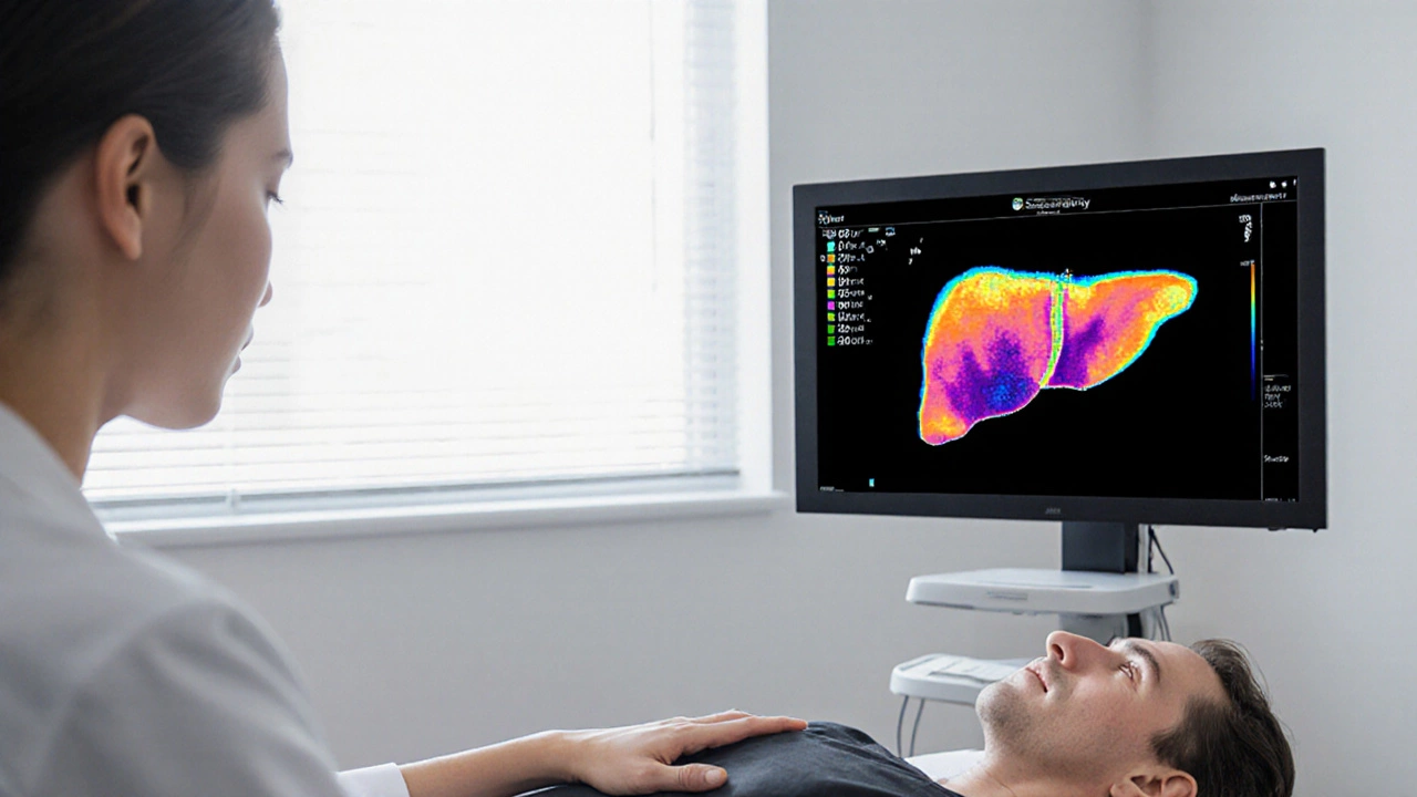 Врач проводит эластографию печени у пациента на осмотре