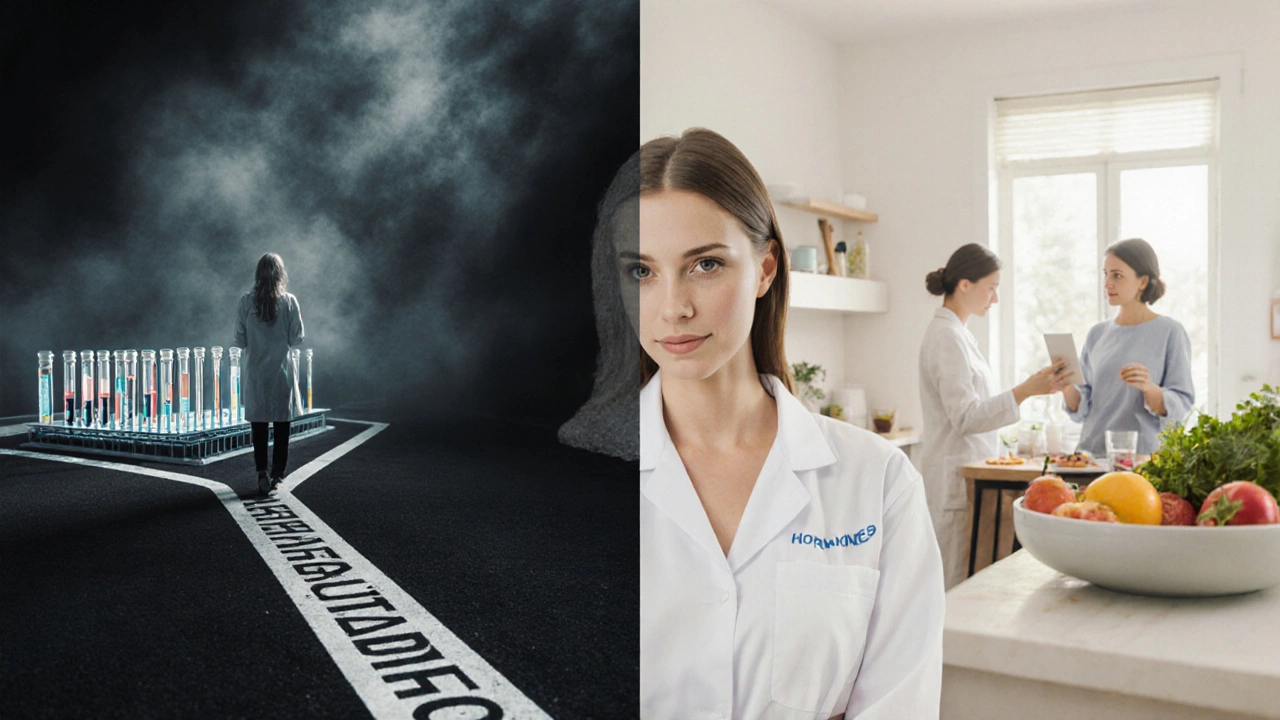 Женщина на перекрестке: одна дорога ведет к медицинскому обследованию, другая — к правильному питанию.