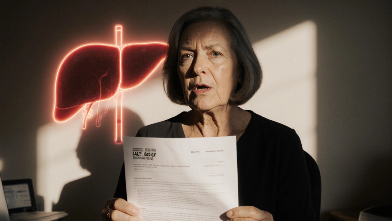 Женщина смотрит на результат анализа с высоким АЛТ в кабинете врача