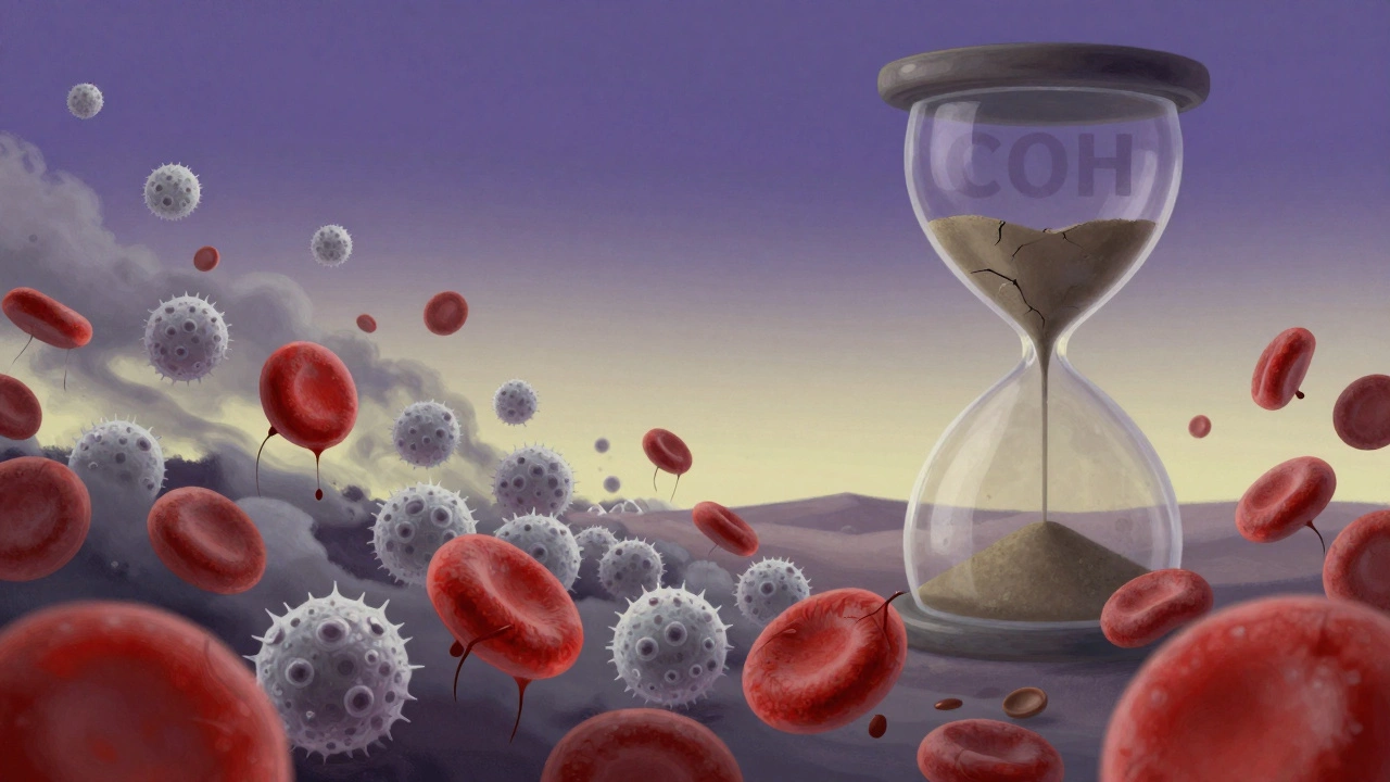 Абстрактное изображение кровяных клеток в виде увядших цветов и бурных облаков, символизирующих стресс от бессонницы.