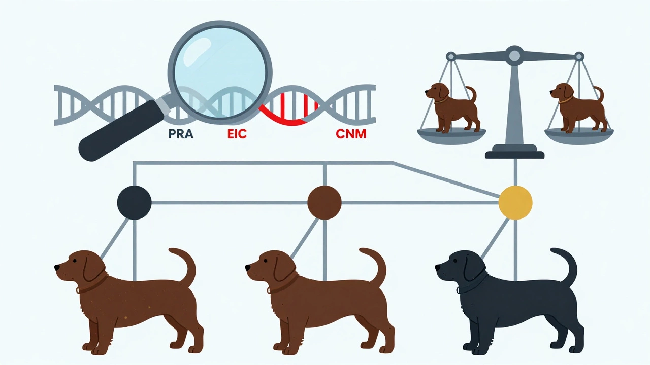 Генетическое древо с тремя цветными узлами и маркерами заболеваний, символизирующее равенство окрасов в здоровье.