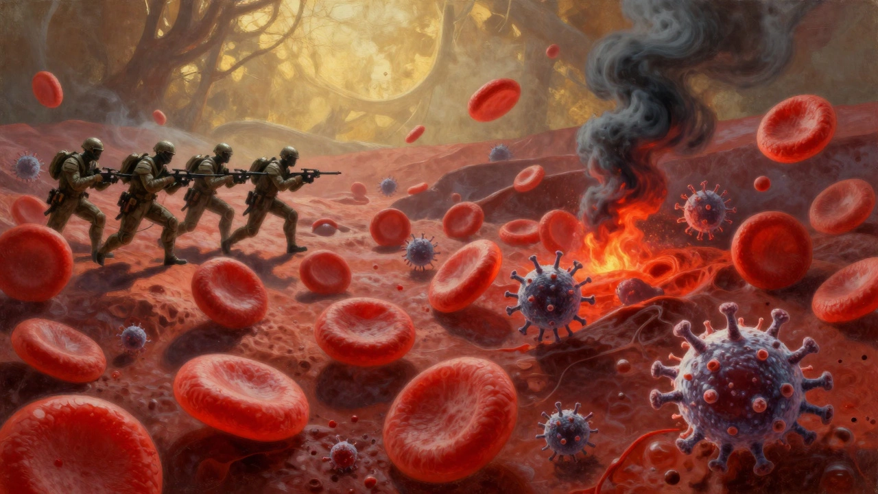 Художественное изображение битвы в крови: нейтрофилы сражаются с бактериями, лимфоциты атакуют вирусные клетки.