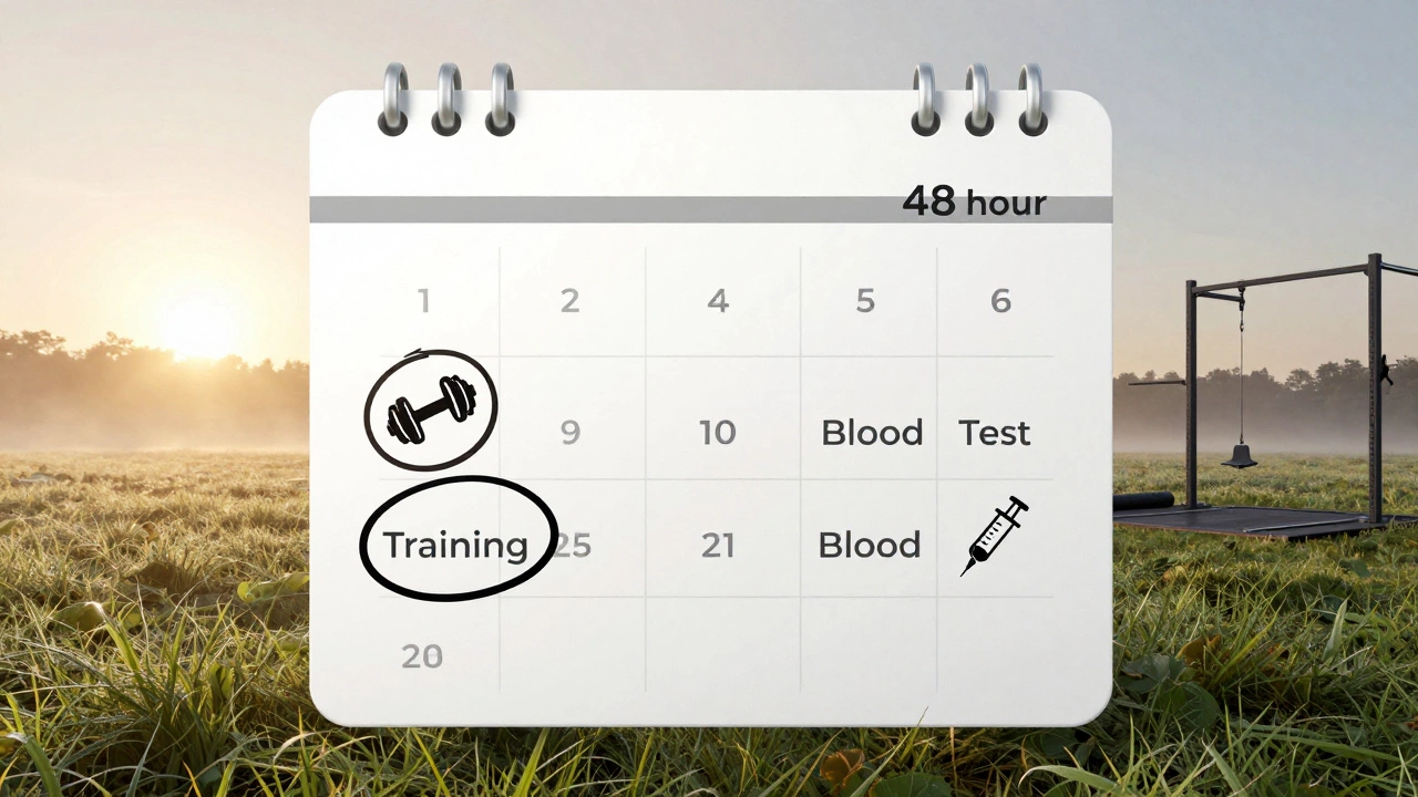Календарь с двумя датами: тренировка и сдача анализа, между ними — спокойное утреннее пейзажное изображение, символизирующее отдых.