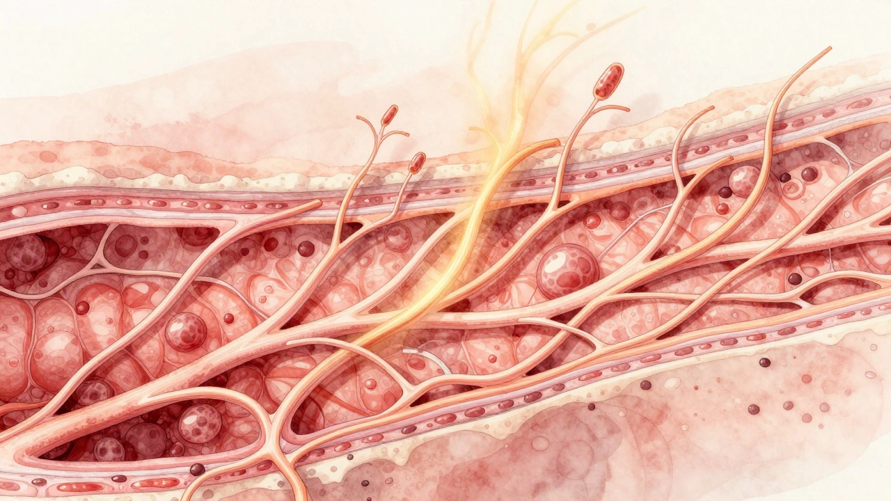 Коллагеновые волокна и новые сосуды формируют грануляционную ткань при заживлении.