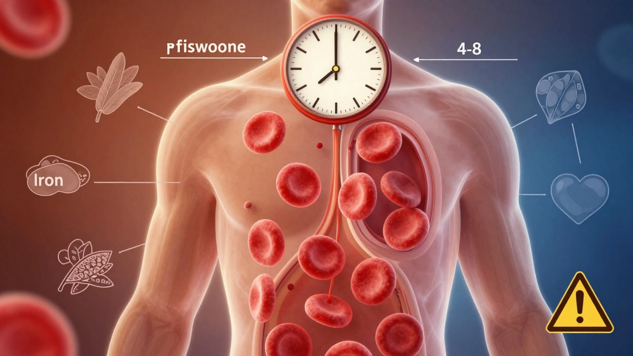 Прозрачное изображение тела с восстановлением эритроцитов в костном мозге и часами, показывающими разницу во времени.