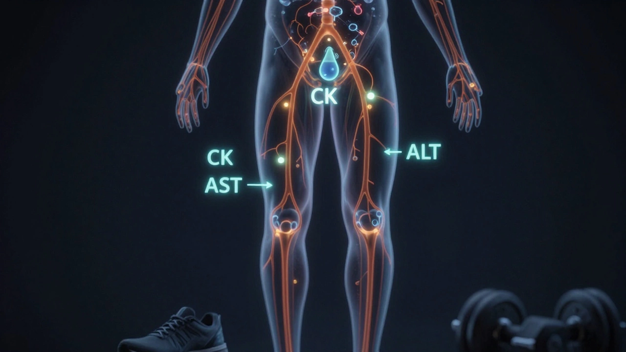 Прозрачное изображение тела с выделяющимися показателями крови: КК, АСТ, АЛТ и лактат, фон — темный, с элементами тренировочного снаряжения.