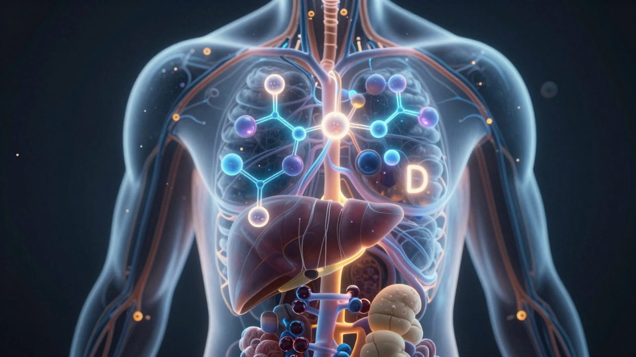 Прозрачное тело человека с светящимися метаболическими путями: гормоны щитовидки, инсулин, витамин D и кортизол.