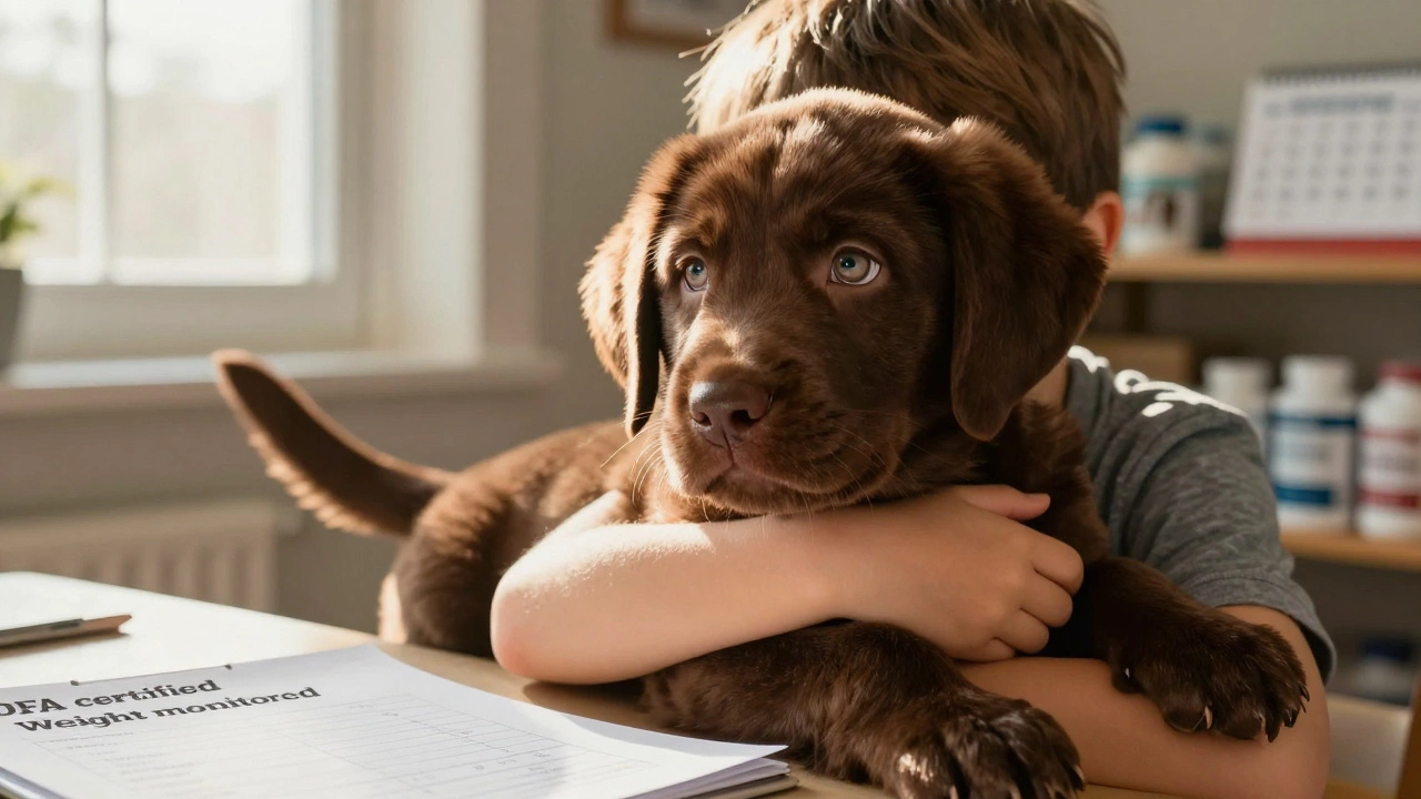 Ребенок обнимает шоколадного щенка в доме, рядом — список ветеринарных проверок и добавок.