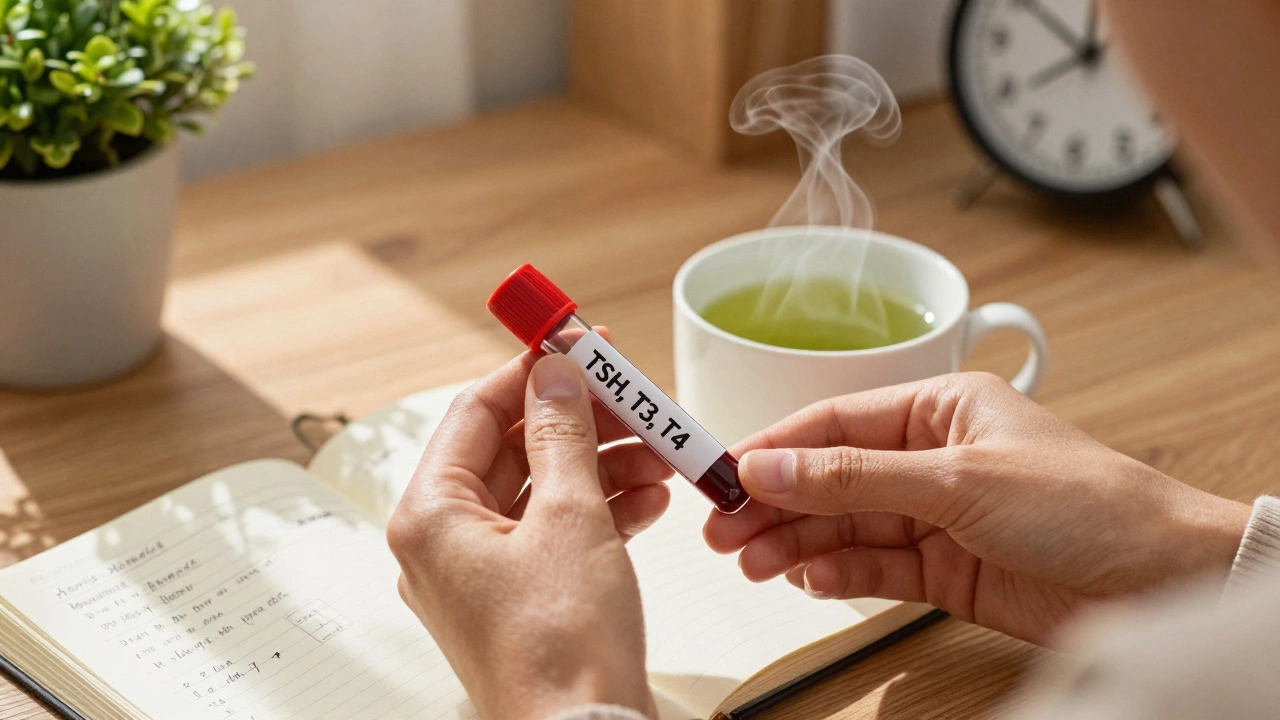 Руки с анализом крови и чашкой зеленого чая на фоне записей формулы