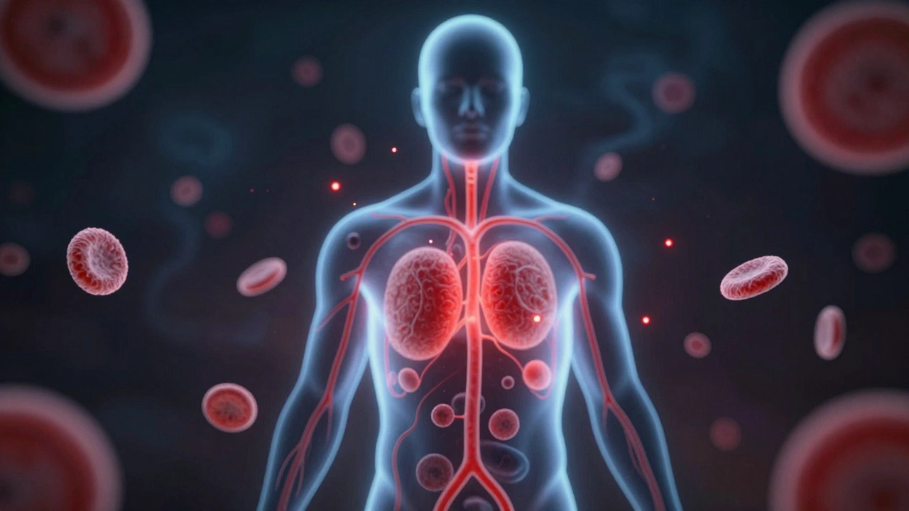 Схематичное изображение кровотока с цветными клетками внутри тела