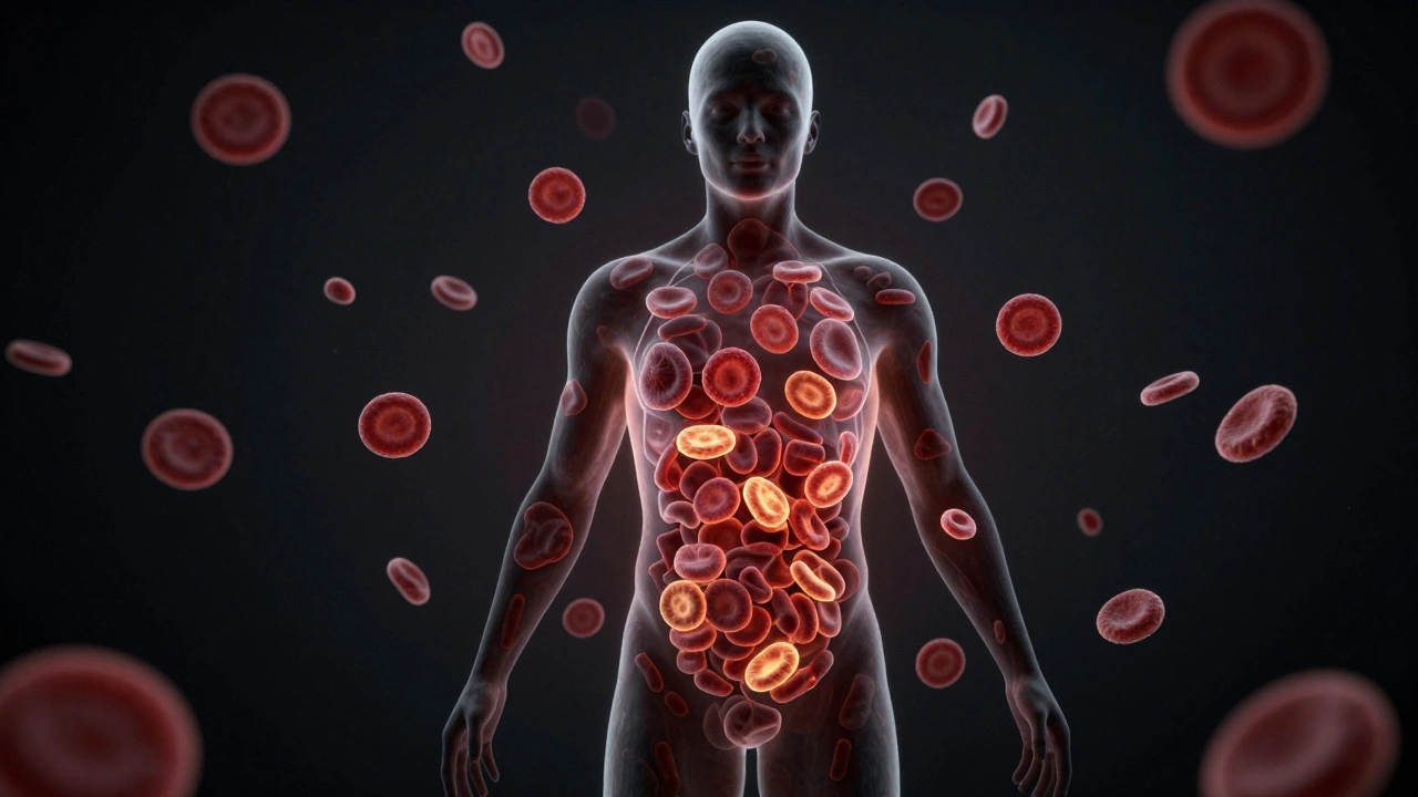 Силуэт человека с аномально отображенными кровяными клетками внутри тела