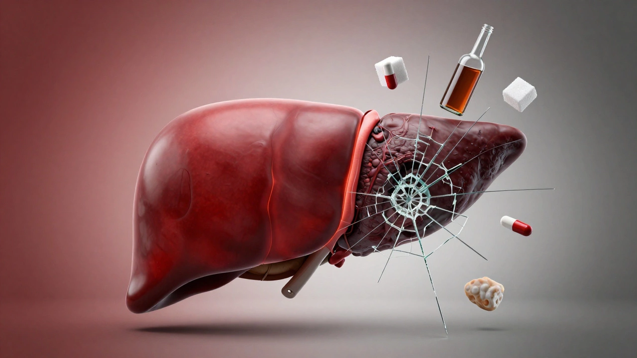 Сравнение здоровой и поврежденной печени: слева — яркая и целая, справа — потемневшая и рубцовая с символами вреда.