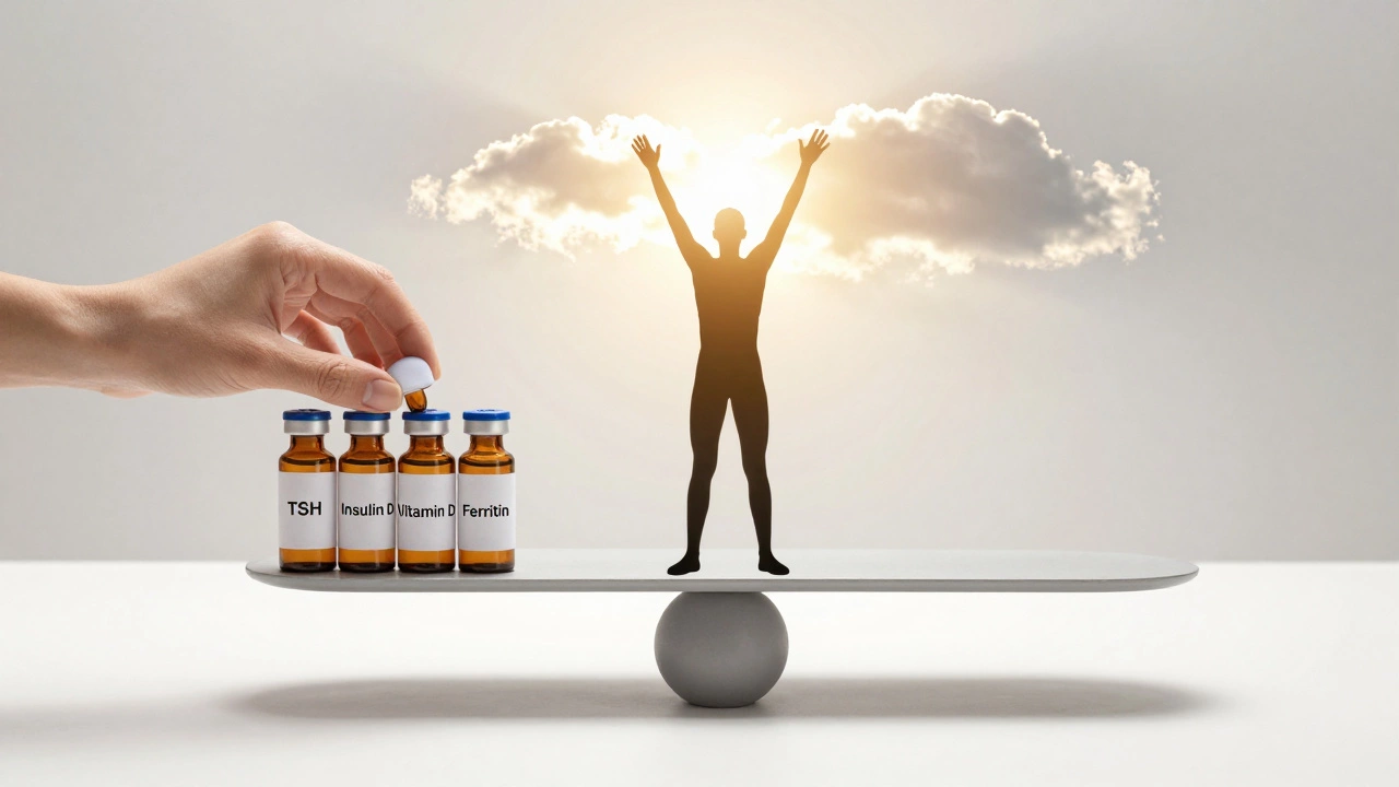 Весы: с одной стороны — пробирки с анализами, с другой — человек с энергией, символизирующий восстановленный обмен веществ.