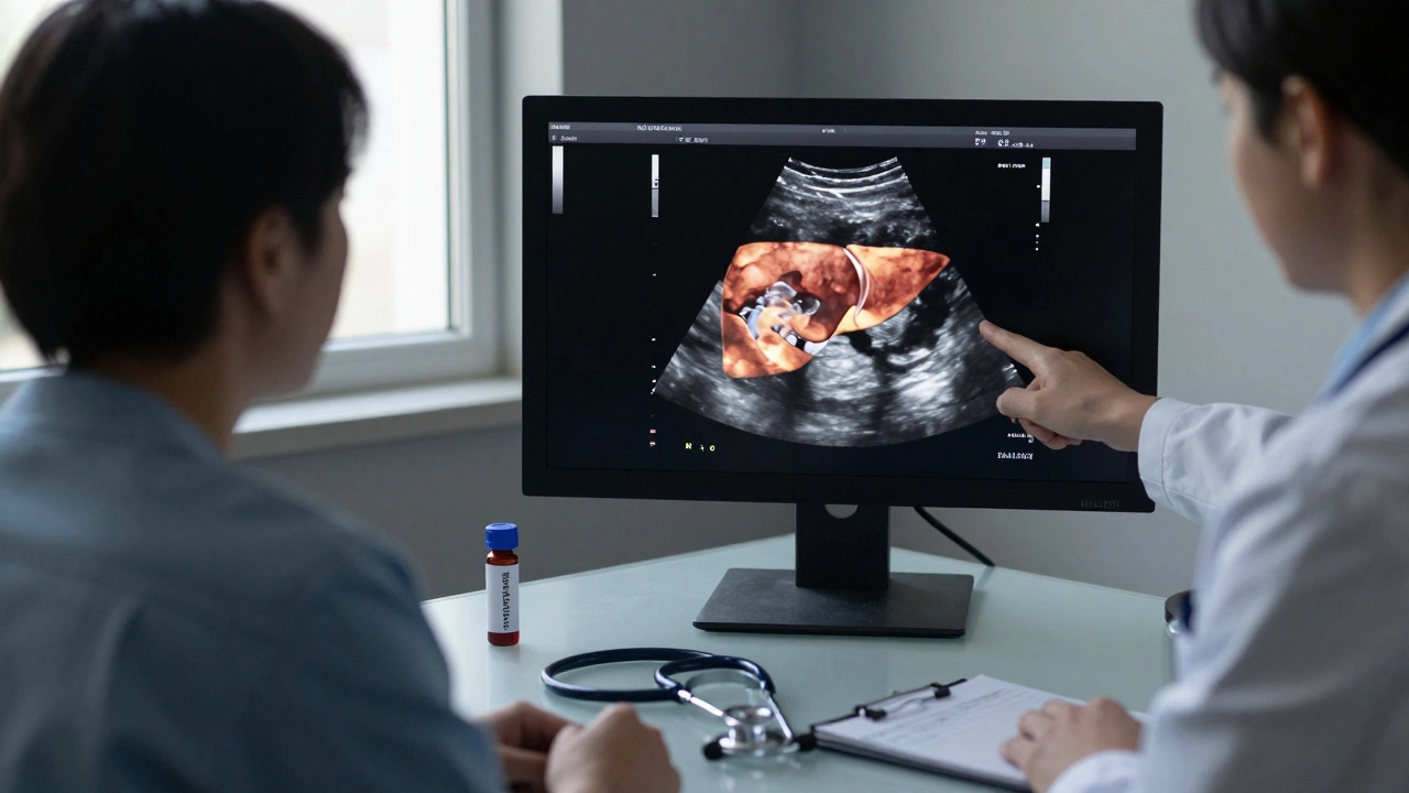 Врач показывает пациенту УЗИ печени с признаками жировой инфильтрации в клинической обстановке.