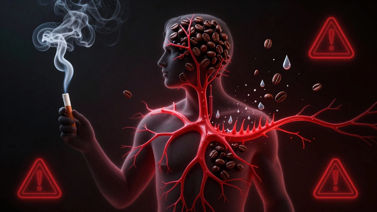 Абстрактное изображение влияния кофе, курения и стресса на кровь.