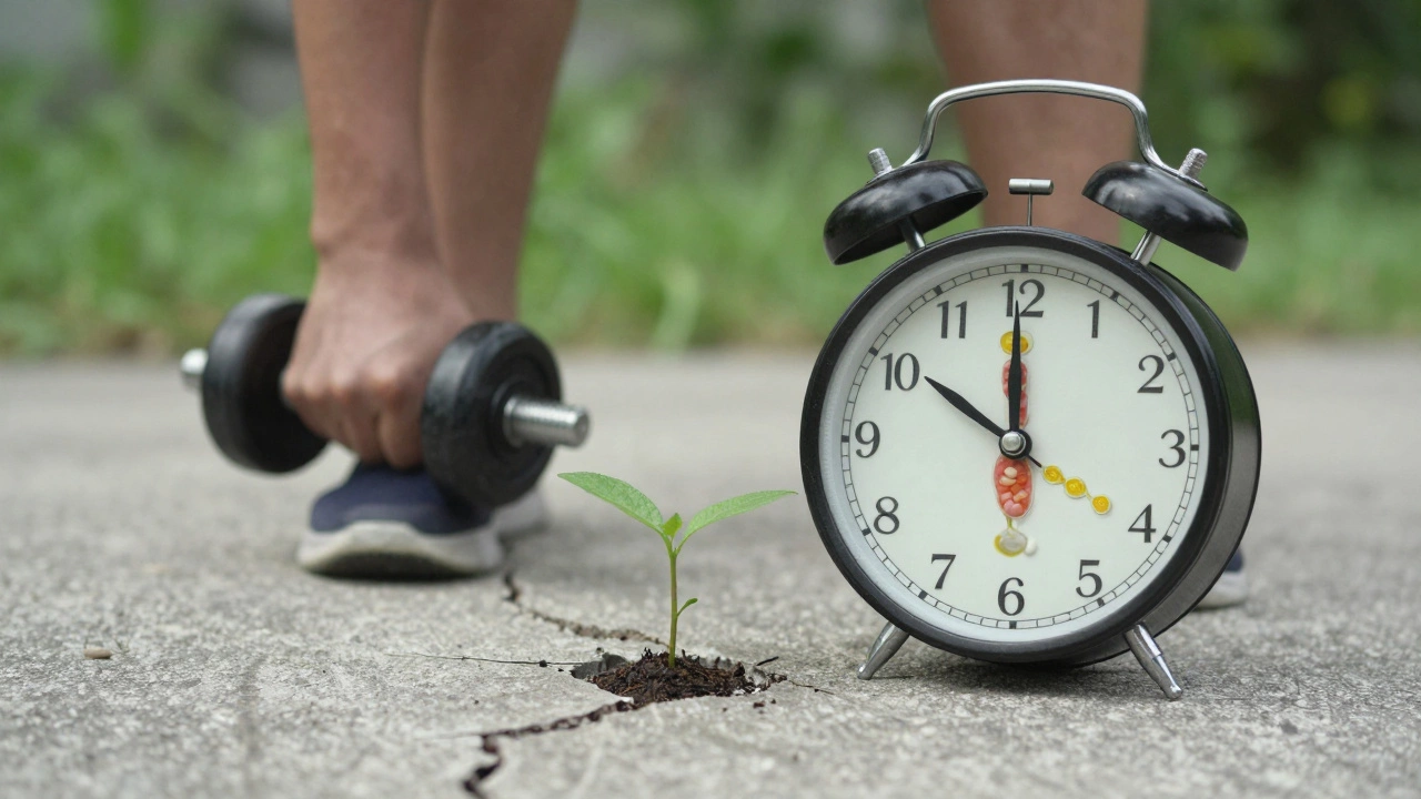 Часы из мышечных волокон, человек тренируется, растение пробивается через бетон.