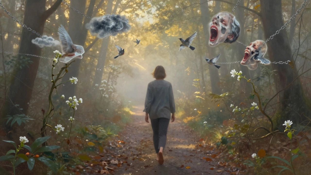 Человек идет по лесу на рассвете, прошлое растворяется в цветах и птицах, тело расслаблено.