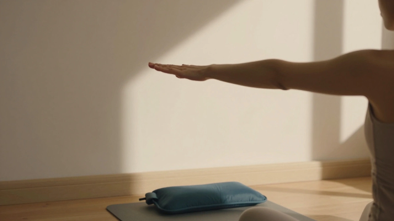 Человек выполняет изометрическое упражнение, теплое освещение, символизирующее фазу реабилитации.