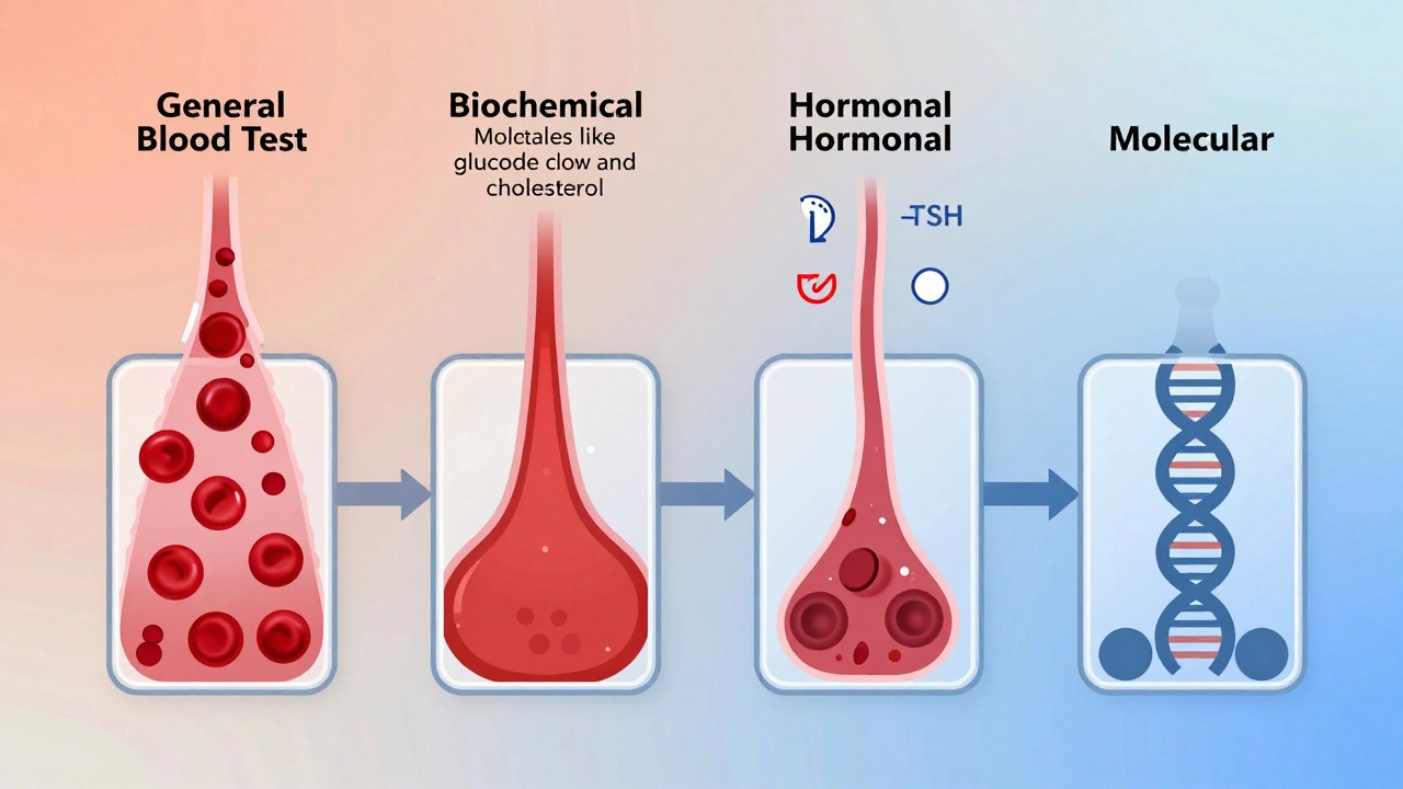 Четыре потока крови ведут к разным типам анализов: общий, биохимический, гормональный, молекулярный.