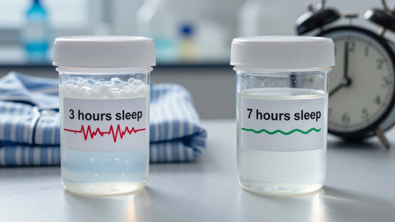 Два образца мочи: один после недосыпа, другой после сна — сравнение на лабораторном столе.