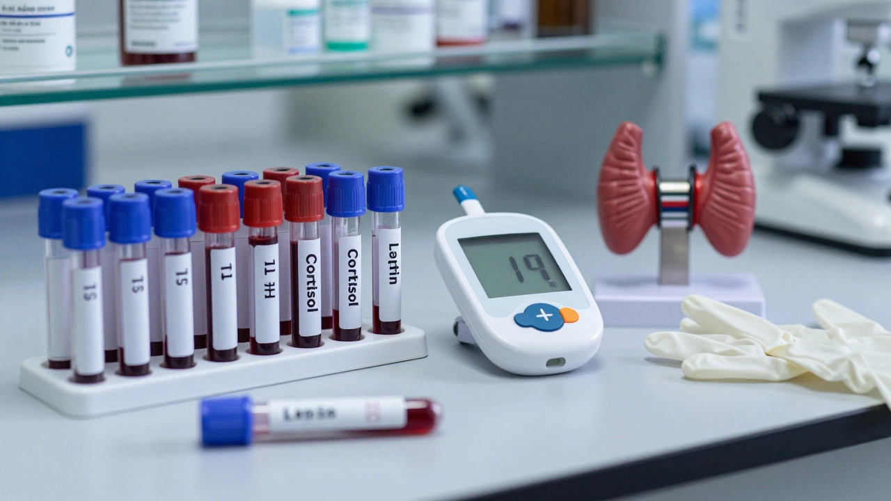 Лабораторный стол с пробирками для анализа гормонов и глюкометром.